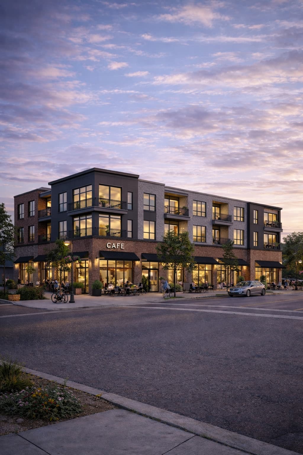 Neighborhood-serving retail and public realm concept rendering